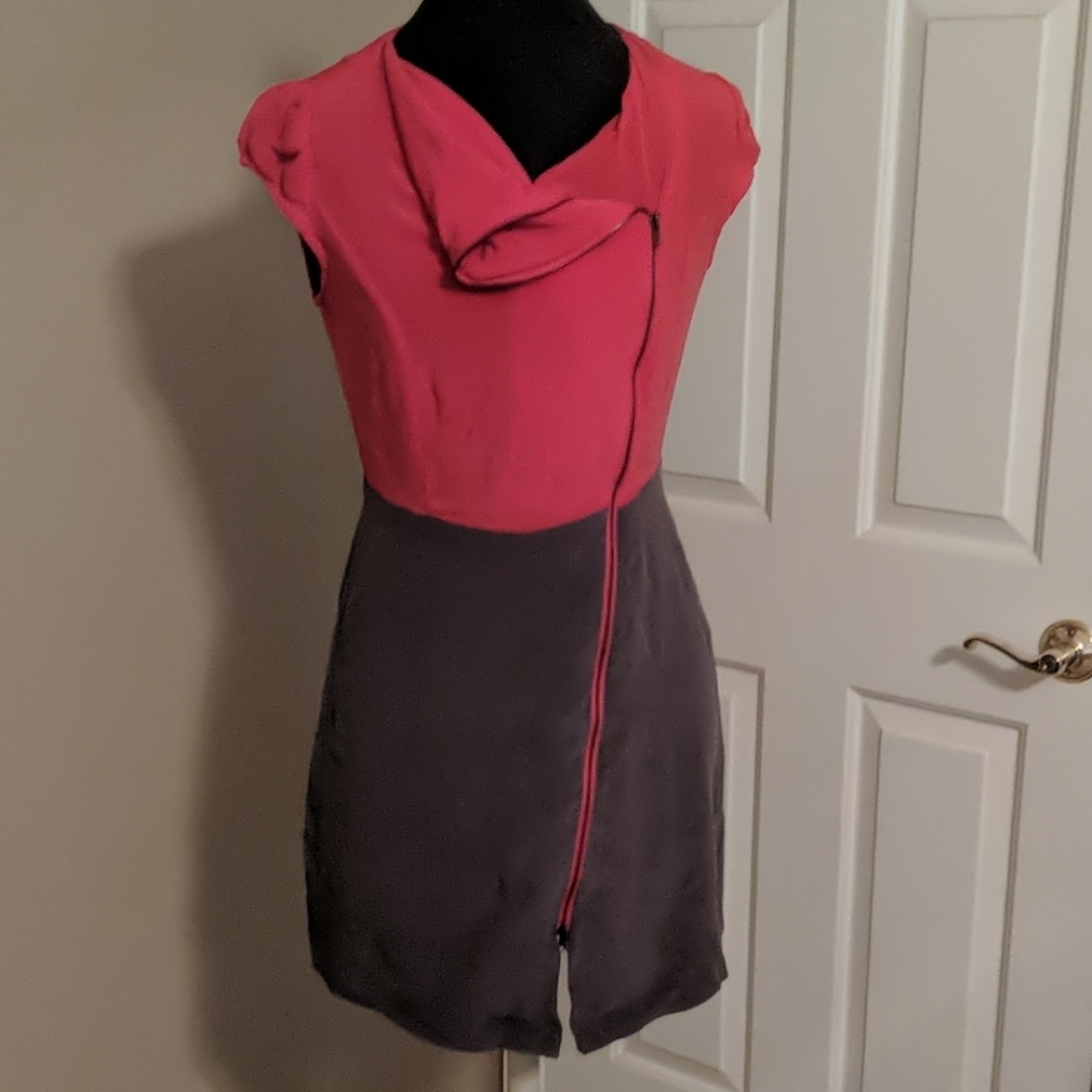 Line Dot Silk Dress Red and Gray